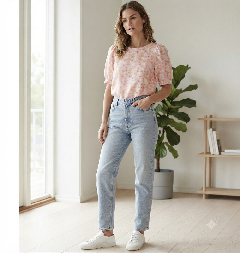 Cecilie Copenhagen Danish Design Puff Sleeve Pink Floral Cotton Summer Blouse S